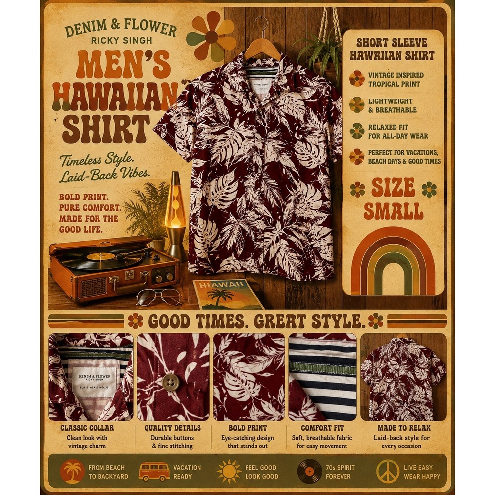 Denim & Flower Ricky Singh Men's Small Burgundy Tropical Hawaiian Camp Shirt